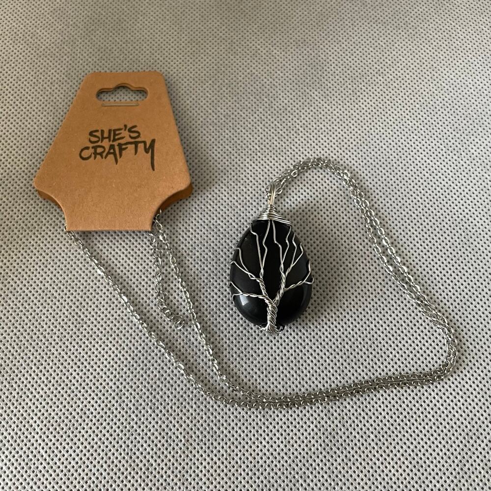 Tree Of Life Necklace Teardrop Obsidian & Stainless Steel